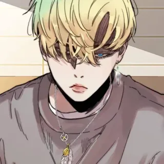 🕸 estilo anime, pelo rubio, símbolo paz, collar plumas, masculino telegram sticker