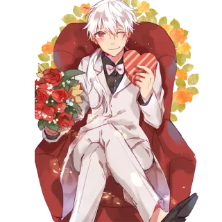 💐 Anime Junge, Weißes Haar, Rote Augen, Anzug, Valentinstag, Rosen telegram sticker