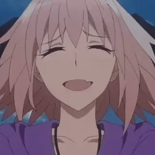 🐾 Astolfo anime, sonriendo, feliz, personaje, pelo rosa, ropa morada telegram sticker