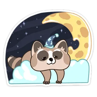 😔 rakun, bulan, tidur, malam, bintang, imut, binatang, kartun, mimpi, awan whatsapp sticker