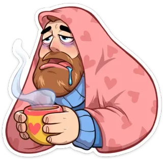 🤒 malade, mal, homme, café, couverture, épuisé, fatigué whatsapp sticker
