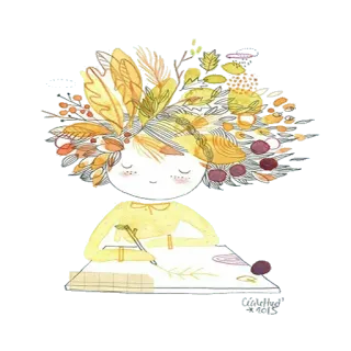 😌 dessin, illustration, art, fille, feuilles, nature whatsapp sticker
