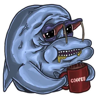 👀 COFFEE delfino, caffè, stanco, cartone animato, animale, bevanda, meme, divertente telegram sticker