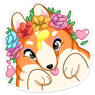 ☺️ คอร์กี้, หมา, มงกุฎดอกไม้, น่ารัก, สติกเกอร์, สัตว์เลี้ยง telegram sticker