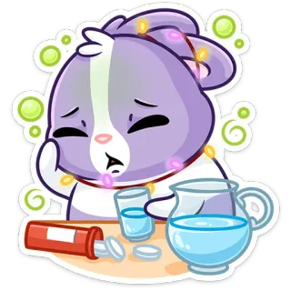 🤢 Dibujo animado, Animal, Enfermo, Píldoras, Vaso, Agua telegram sticker
