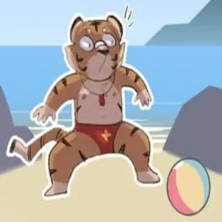 😯 tiger, beach, cartoon, animal, swimsuit, glasses, ball whatsapp sticker