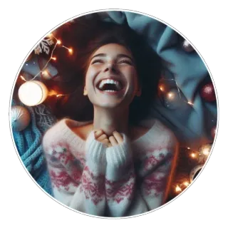 😂 phụ nữ, nụ cười, hạnh phúc, mùa đông, áo len, ánh sáng whatsapp sticker