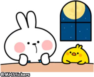 🤔 @MHStickers กระต่าย, ลูกเจี๊ยบ, หน้าต่าง, พระจันทร์, การ์ตูน, น่ารัก, กลางคืน telegram sticker