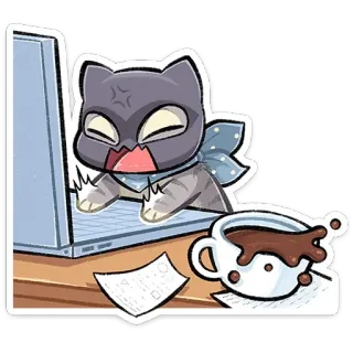 😝 แมว, แล็ปท็อป, โกรธ, กาแฟ, พิมพ์ telegram sticker