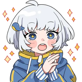 😍 アニメ 女の子, 漫画, キラキラ, 可愛い, クジラ, 青いパーカー, 赤面 telegram sticker