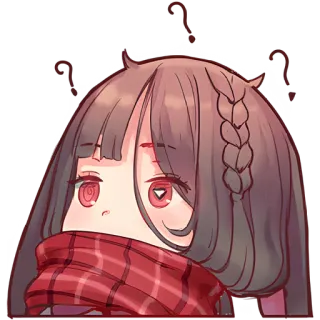 🤨 アニメ, 女の子, 考え事, クエスチョンマーク, 赤, マフラー, 可愛い, ちび whatsapp sticker
