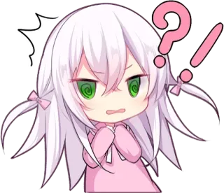 🦄 Garota anime, Chibi, Confusa, Ponto de interrogação, Ponto de exclamação, Rosa, Cabelo branco, Olhos verdes telegram sticker