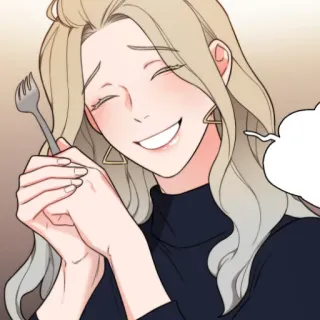 😩 femme, sourire, joyeux, fourchette, blonde, dessin animé, gai whatsapp sticker