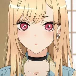 ❤️ Marin Kitagawa My Dress-Up Darling Anime, Fille, Cheveux blonds, Yeux roses, Collier ras du cou, Mignon, Manga whatsapp sticker