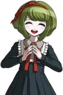 🌟 Monaca Towa Danganronpa anime, ragazza, capelli verdi, fiocco rosso, sorriso, danganronpa, monaca towa telegram sticker