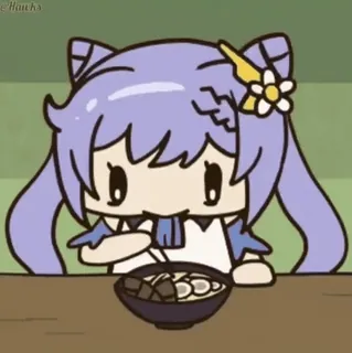 🍜 Keqing Genshin Impact アニメ, 紫髪, 原神, 刻晴, 食事, ラーメン, 可愛い telegram sticker