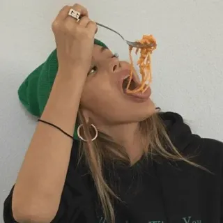 ▪️ I WANT YOU woman, eating, spaghetti, food, green beanie whatsapp sticker