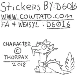 ✍️ Stickers By: D6016
WWW.COWTATO.COM
FA + WEASYL: D6016
CHARACTER
©
THORPAX
2018 stiker, karya seni, monster, hewan, kartun, thorpax, cowtato telegram sticker