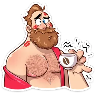 ☕️ homme, dessin animé, café, barbu, traces de bisous, torse nu whatsapp sticker