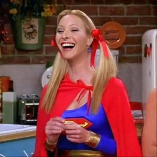 😂 Phoebe Buffay Friends Phoebe Buffay, Friends, super-héros, cape, drôle, sitcom whatsapp sticker