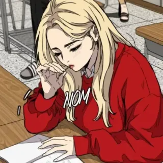 🕸 NOM rubia, comiendo, mujer, personaje, escuela, anime telegram sticker