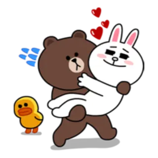 😍 Brown Bear Line Friends медведь, кролик, утка, объятия, любовь, сердечки, мультфильм whatsapp sticker