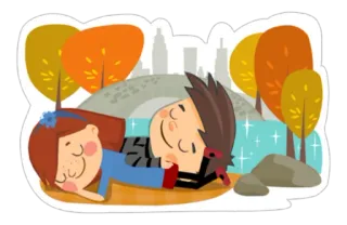 💜 para, park, relaks, miłość, przyjaźń, kreskówka, miasto, drzewa telegram sticker