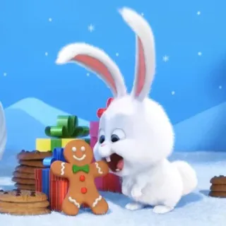 😝 Snowball The Secret Life of Pets conejo, conejito, hombre de jengibre, navidad, fiestas, mascotas, galletas, bola de nieve whatsapp sticker