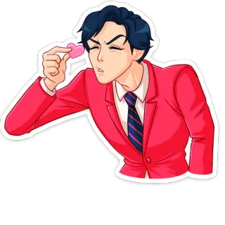 😂 การ์ตูน, หัวใจสีชมพู, อนิเมะ, ผู้ชาย, ชุดสูทสีแดง, เนคไท whatsapp sticker