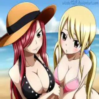 😳 Erza Scarlet, Lucy Heartfilia Fairy Tail 애니메이션, 팬아트, 해변, 비키니, 여성, 만화 telegram sticker