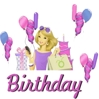 🎊 Birthday aniversário, balões, mulher, compras, presentes telegram sticker
