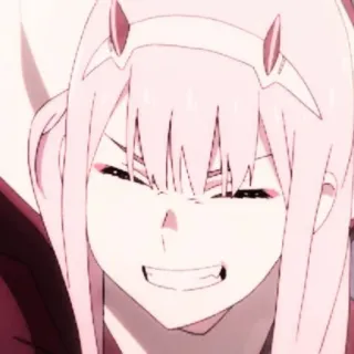 🍓 Zero Two Darling in the Franxx Anime, Mädchen, Hörner, pinke Haare, Grinsen telegram sticker