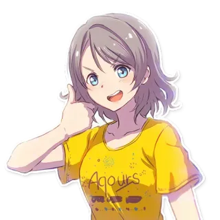 👍 Aqours Anime, Chica, Camiseta amarilla, Pulgares arriba, Idol, Sonriendo, Feliz, Alegre telegram sticker