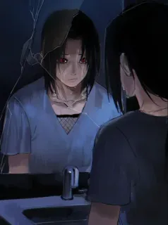 🎧 Itachi Uchiha Naruto Anime, Manga, Łzy, Lustro, Odbicie, Smutny, Płacz, Emocjonalny telegram sticker