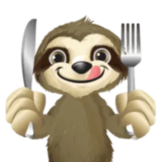 🍔 bicho-preguiça, faca, garfo, faminto, comida, animal, desenho animado whatsapp sticker