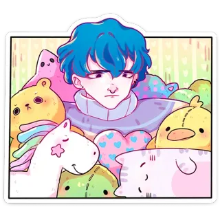 🫤 sticker, anime, cartoon, blue hair, stuffed animals, cute, kawaii whatsapp sticker