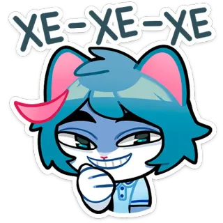 😄 XE-XE-XE kot, anime, uśmieszek, niebieskie włosy, kreskówka, postać, śmieszne telegram sticker