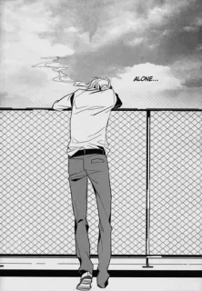 😔 ALONE... 一人, 悲しい, 孤独, 人, フェンス, 空, 雲 telegram sticker