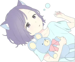😪 anime meisje, kattenoortjes, teddybeer, schattig, kawaii, liggend telegram sticker