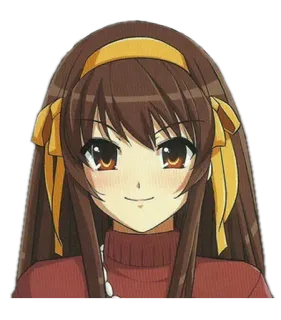 😽 Haruhi Suzumiya The Melancholy of Haruhi Suzumiya аниме, девушка, персонаж, милая, улыбается, волосы, ободок telegram sticker
