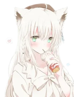 😍 animé, fille, oreilles de chat, cheveux blancs, mignon, boisson, yeux verts telegram sticker
