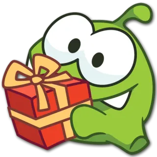 🎁 Om Nom Cut the Rope 옴 Nom, Cut the Rope, 몬스터, 선물, 빨간색, 리본, 귀여운, 만화 telegram sticker
