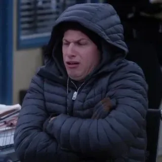 😷 Jake Peralta Brooklyn Nine-Nine Brooklyn Nine-Nine, Jake Peralta, Andy Samberg, hài hước, meme, nhăn nhó, áo hoodie telegram sticker