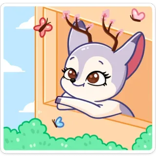 ☺️ tier, cartoon, niedlich, hirsch, fenster, schmetterling, blüte, natur whatsapp sticker