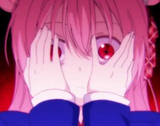 ☠️ anime, ragazza, capelli rosa, occhi rossi, spaventoso telegram sticker