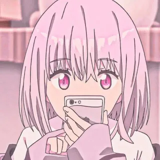 🤓 chica anime, pelo rosa, teléfono, selfie, dibujos animados, linda telegram sticker