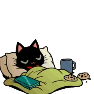 😴 gato, dormindo, travesseiro, cobertor, biscoito, livro, caneca telegram sticker