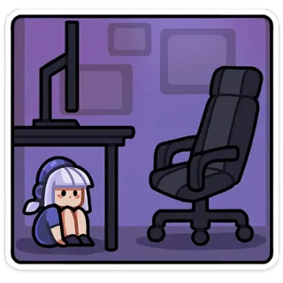☹️ мультфильм, девушка, стол, компьютер, комната, стул whatsapp sticker
