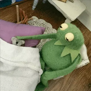 😑 Kermit Kermit la Rana, pupazzo, dormire, letto, giocattolo, carino whatsapp sticker