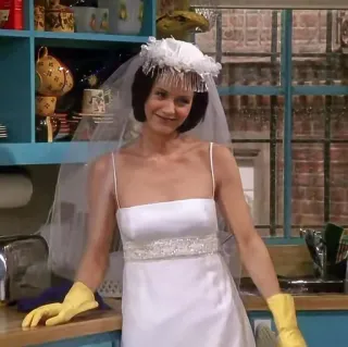 🤗 Monica Geller Friends robe de mariée, femme, mariée, cuisine, sitcom, gants jaunes, émission télé whatsapp sticker